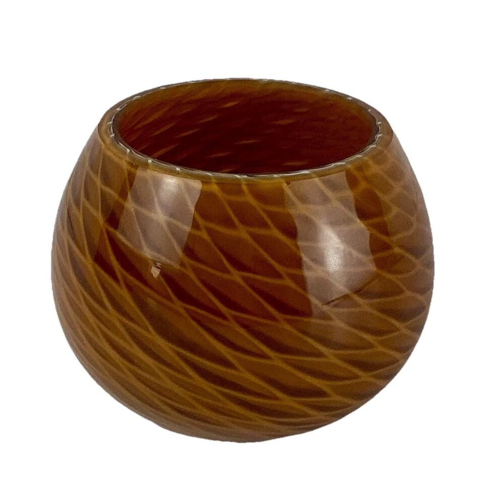 Murano Style Small Art Glass Vase Tan White Brown Swirl Thick Glass